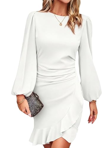 Image of Spicy Sandia Women Ruched Bodycon Cocktail Formal Mini Dress Elegant Ruffled Lantern Sleeve Business Work Banquet Tulip Dress