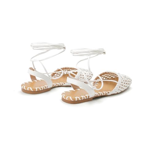 Image of Woven Ballet Flats for Women Lace Up Closed Square Toe Summer Sandals Dressy Shoes