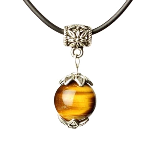 TIRIO Wishing Bead Necklace Golden Tiger Eye with Silver Pendant Grounding Stone Protection Yellow