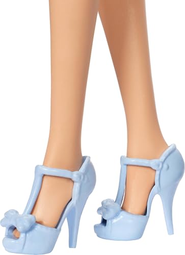 Image of Barbie Fashionistas Doll #237 with Wavy Blonde Ponytail Wearing Blue Bow Halter Dress, Black Hair Bow Accessory and Matching Blue Heels | Blue Bow Halter Dress, Black Hair Bow Accessory, Matching Blue Heels