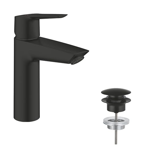 GROHE Start Waschtischarmatur wassersparend (Wasserhahn für das Bad Badarmatur mit Pop-Up Ablauf 19cm hoch mit 3in1 Werkzeug einfache Installation am Waschbecken) schwarz 235752432