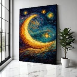 Toile en croissant de lune et poésie céleste | Peinture tourbillonnante magique
