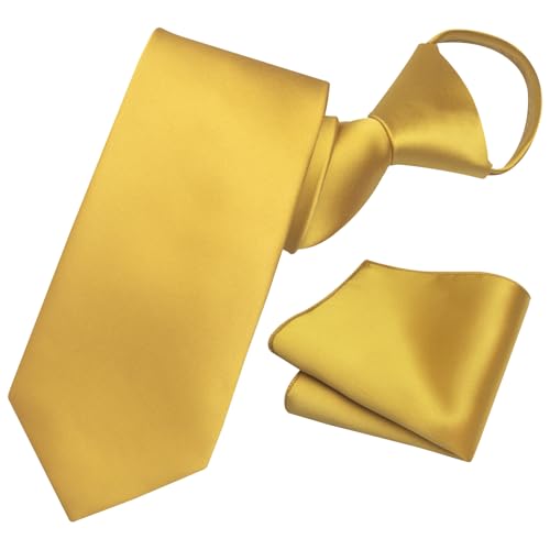 Image of YourTies Zipper Tie for Men Adjustable Pre-tied Satin Neckties and Pocket Square Set Solid Color Business Formal Wedding