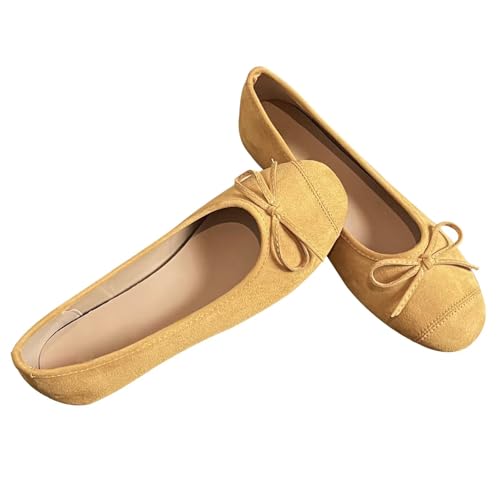 JiangWei Shu Women's Soft Round Toe Ballet Flats Comfortable Elegant Bow Flats Shoes