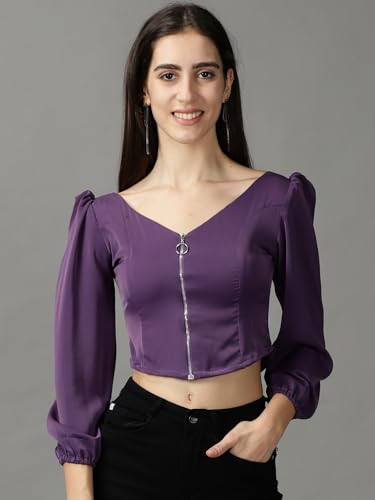 Image of SHOWOFFFF Women Solid Casual Top | V Neck Full Sleeves Crepe Top's for Womens | Regular Fit Regular Length Tops for Women's