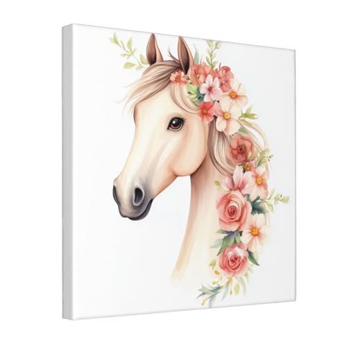 Lienzo decorativo para pared de caballo y flores en acuarela enmarcado de 30 x 30 cm