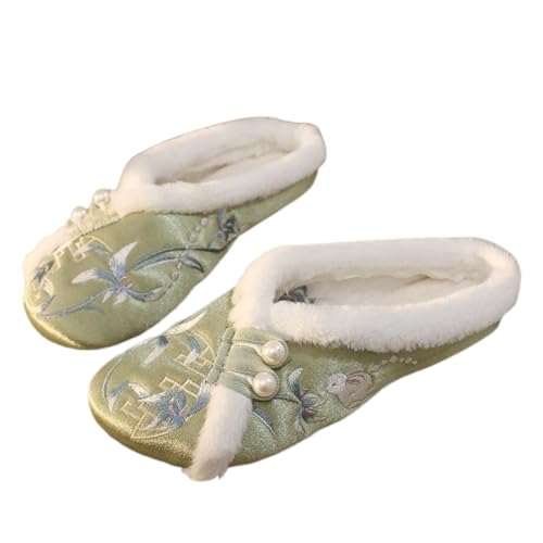 Premium Luxury Satin Silk Chinese Hanfu Pearl All Seasons Comfort Women's House Slippers Indoor Outdoor Soft Home Slip On Shoes