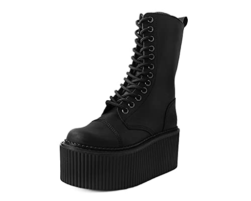 T.U.K. Black Faux Leather Casbah Stratocreeper Boots for Men & Women, 12 Eye Lace Up Platform Boot