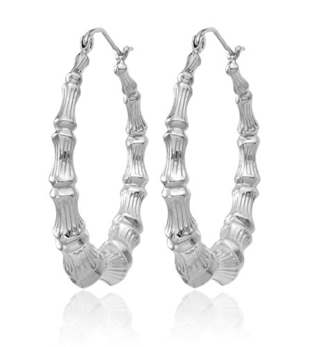 14K Solid White Gold Bamboo Round Large Hoop Earrings3