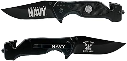 Navy Folding Elite Black Stealth Tactical Knife - USN Combat Rescue Knife - Great Gift for the Sailor in your Life