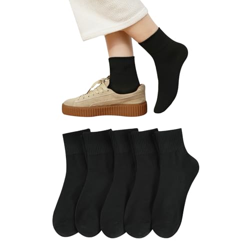 [DAMILY] 靴下 レディース 黒 春秋冬 5足セット 吸汗速乾 綿 クルーソックス 中厚手 カジュアルソックス 女性用靴下 ブラック くつした スポーツ 長め 蒸れない 春夏くつ下 室内 22-25cmのサムネイル
