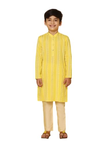 Image of KISAH Kid's Full Sleeves Cotton Blend Knee Length Printed Peach Kurta Elastic Dhoti Set for Men