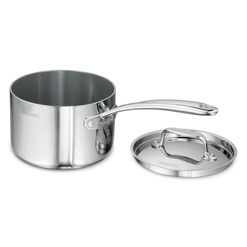 Image of TRAMONTINA Fusao Healthy Triply Ceramic 16cm / 2.1L Sauce Pan EX+ with SS 304 lid | Non Toxic (PFAS /PTFE /PFOA Free) Milk Pan | Stay Cool Handle I 10 Year Warranty | Polished, 2.1 Liter, Silver