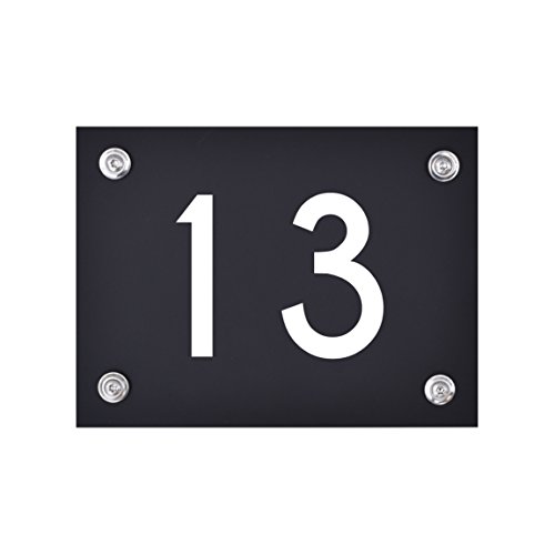 Hausnummer Schild 13 aus Acryl, Hausnummernschild in schwarz, mit weißer Schrift inkl. Zubehör