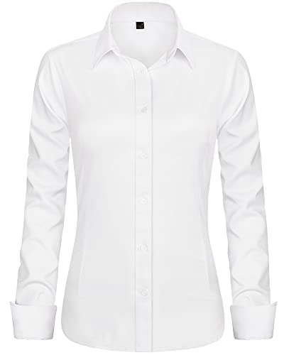 J.VER White Shirt Women Stretch Fitted Dress Shirt Long Sleeve Business Casual Work Office Tops Fashion Ladies Blouses Shirts L