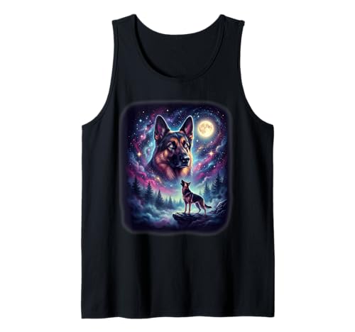 Prendi questo mistico design artistico di pastore tedesco con illustrazione realistica di cani illuminata dalla luna foresta fantasy cielo notturno vibrazioni spirituali e opere d'arte ispirate alla natura realizzate per veri amanti dei cani e fan del pastore tedesco