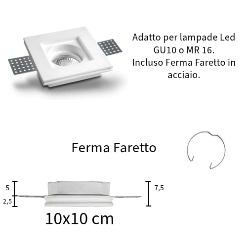 AERREGI PORTAFARETTI IN GESSO SET DA 20 PEZZI | QUADRATI 10x10 cm ADATTO PER LAMPADE GU10 E MR 16 | COMPLETO DI FERMA FARETTO E PORTALAMPADA| QUADRATI AD INCASSO PER SOFFITTI