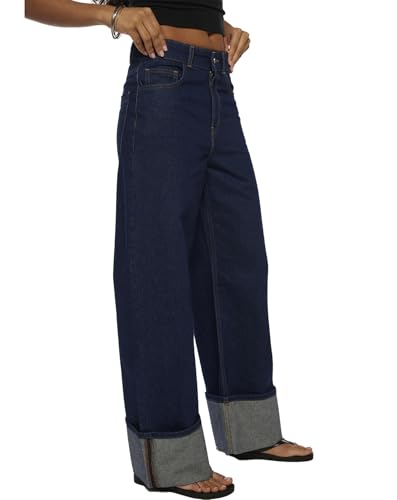 Wide Leg Jeans Woman Cuffed Mid Rise Straight Leg Jeans Loose Boyfriend Baggy Denim Pants with Pockets3