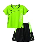 Oyolan Jungen Sportanzug Trainingsanzug Kurzarm T-Shirt mit Sportshorts Kinder Jogginganzug Fussball Basketball Outfits Gr. 122-164 Leuchten Grün 122-128