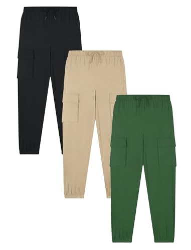 EXARUS 3 Pack Boys Cargo Joggers Hiking Pants Kids Lightweight Quick Dry Drawstring Elastic Waist Athletic 6-14Y