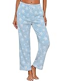 Ekouaer Pyjamahose Damen Lang Flanell Schlafanzughose Nachtwäsche Freizeithose Schlafanzug Strandhose Schlafhose mit Taschen und Kordelzug Blau S