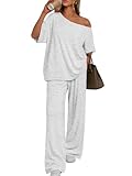 Trendy Queen Womens 2 Piece Lounge Sets Airport Travel Casual Outfits Off Shoulder Oversized Tshirts and Wide Leg Pants Oatmeal Grey M