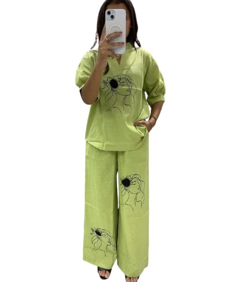 Women's Cotton Abstract Face Art Coordinated Set, Casual Button-Down Long Sleeve Shirt and Pants, Regular Fit, 2 Piece Outfit, Contemporary Style-image-45