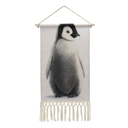 Jubonexis Arazzo da parete in lino, grazioso pinguino, semplice poster vintage da parete con nappe e asta in legno per appendere