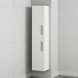 Turin 1450mm Gloss White 2 Door Wall Hung Tall Boy Bathroom Cabinet Storage Unit Gold Handle