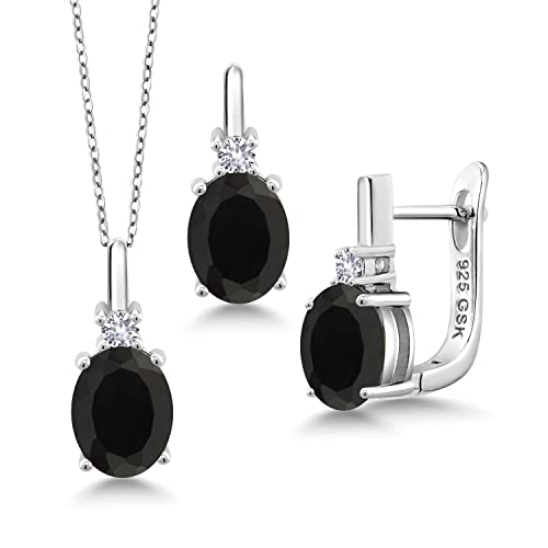 Gem Stone King 925 Sterling Silver Black Onyx And White Created Sapphire Pendant Earrings Set For Women (6.05 Cttw, Gemstone Birthstone, With 18 Inch Silver Chain) #TOP8