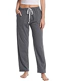 Pyjamahosen Damen Schlafanzug Lang Jersey Hose Weich Schlafanzughose Freizeithosen Haushose mit Zwei Taschen(Grau,Größe L)