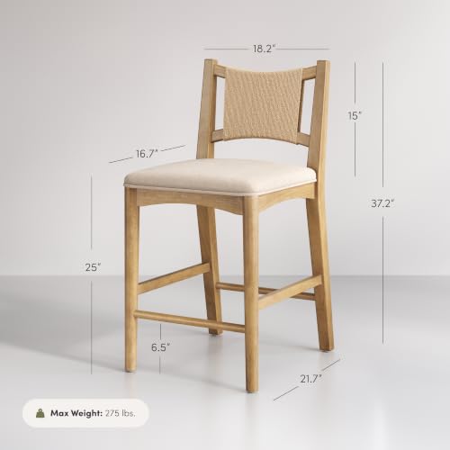 Image of Nathan James Elodia Boho Counter Height Bar Stool with Back, Woven Seagrass Backrest and Solid Wood Frame, Light Brown Set of 4