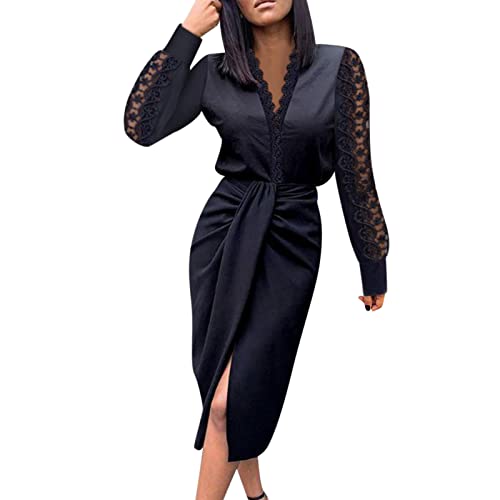 Robe de soirée à manches longues col en V et dentelle élastique élégante pour femme