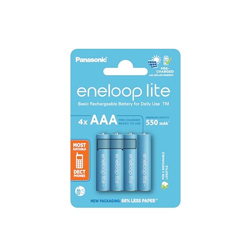 eneloop Lite, Pilas Recargables AAA/Micro, Paquete de 4, Capacidad de mín. 550 mAh, Pilas Ni-MH, Listas para Usar, Recargables hasta 3000 Veces, Embalaje sin plástico, Lite, Azules