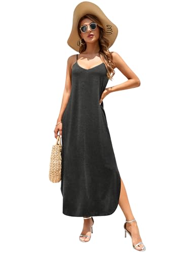 Image of HUSKARY Women's Summer Casual Sleeveless V Neck Strappy Split Loose Dress Beach Cover Up Long Cami Maxi Dresses with Pocket