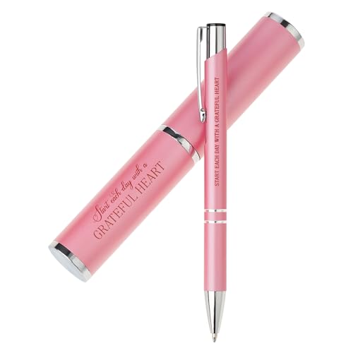 With Love Start Each Day with a Grateful Heart Classic Stylish Pen w/Matching Case, Refillable/Retractable Medium Ballpoint for Writing Journals, Planners, & Notes, Black Ink, Rosy Pink Gift Set