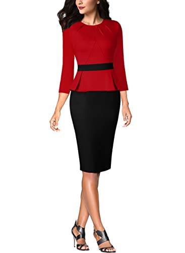 Image of VFSHOW Womens Pleated Crew Neck Peplum Slim Work Business Dress Elegant 3 /4 Sleeves Office Church Bodycon Pencil Sheath Dress