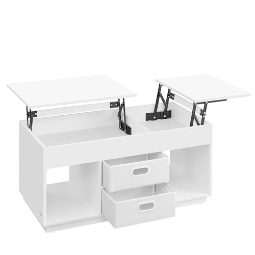VASAGLE Mesa de Centro, Mesa de Café con Tablero Elevable, 2 Cajones y Compartimentos Ocultos, Compartimentos Abiertos, para Sala de Estar, Estudio, Blanco Nieve LCT210W01