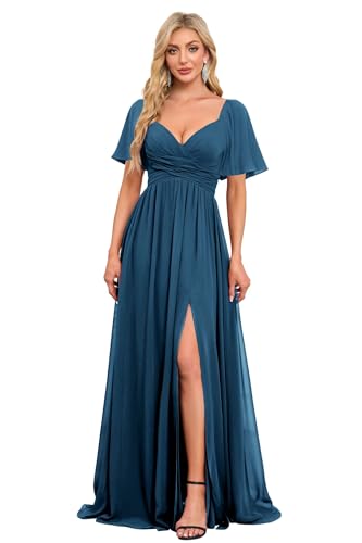 Image of Women's Flutter Sleeves Chiffon Bridesmaid Dresses with Slit Long A Line V-Neck Formal Party Dress with Pockets