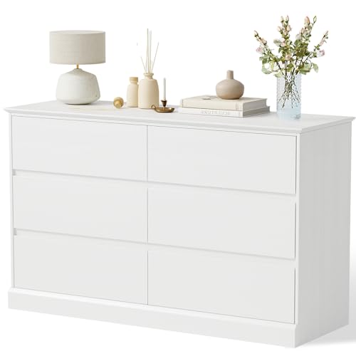 Image of Seeday Dresser for Bedroom, 48" Wood 6 Drawer Dresser, Modern White Chest of Drawers for Living Room, Entryway, Hallway