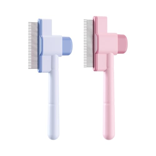 Peine para pulgas con botón de liberación de dientes largos y cortos, herramienta de eliminación de pelo de mascotas