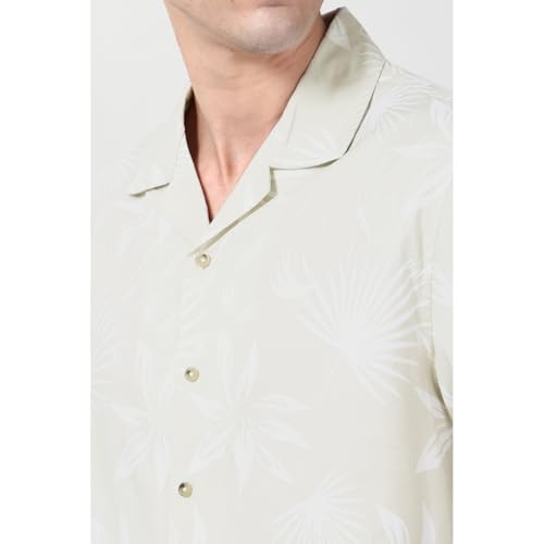 Image of Peter England Men's Cotton Blend Classic Fit Floral Print Casual Shirt | Cuban Collar, Half Sleeves | Casual Wear
