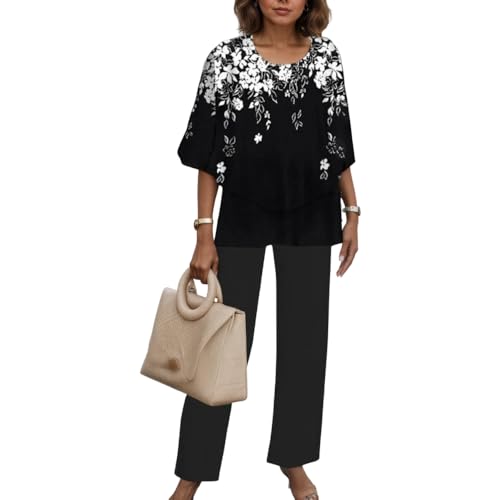 Nupucy Women 2 Piece Outfits Sets Dressy Casual Floral Printed 3-4 Sleeve Crew Neck Double Layer Top Wide Leg Pants Sets