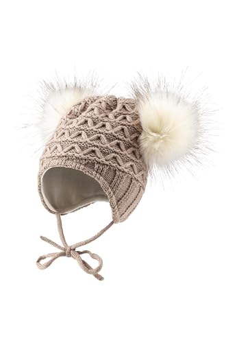 Sterntaler Strickmütze mit Bommeln aus Kunstpelz - Mädchen Mütze mit tollem Strickmuster - Kindermütze mit Futter aus weichem Baumwolljersey - Wintermütze mit Ohrenklappen und Bindeband - Sand, 51