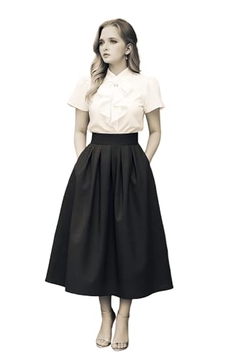 Women's Fashion High Waist A-Line Knee Length Taffeta Skirts with Pockets