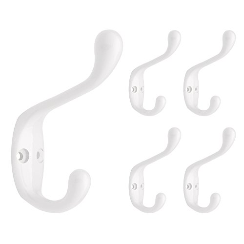 Franklin Brass 3 in. Heavy Duty (5-Pack) Coat and Hat Wall Hooks Double Hooks for Hanging White Wall Mount Hanger Backpack, Purse, Bag, Towel Organization Decorative Wall Hooks B42302M-W-C