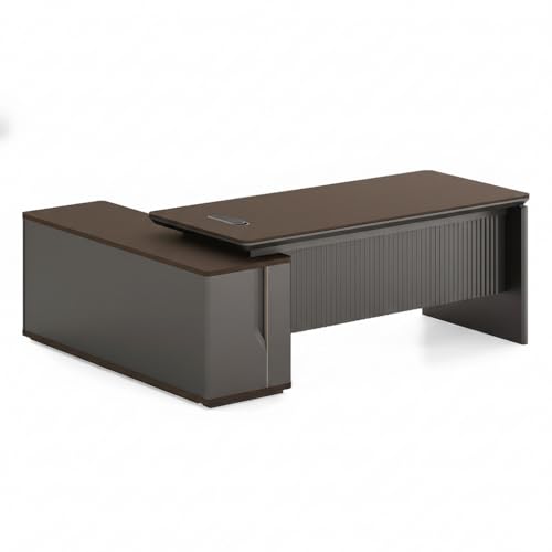 Image of Premium Modern Director Office Table with Dark Wood Finish & Fluted Front Panel, Executive Desk for Corporate Office (LDL-756 MDFL L6W3)