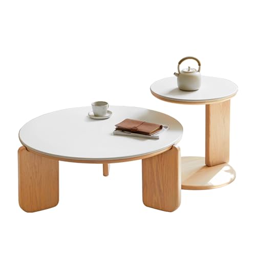YESWOOD Lot de 2 Tables Basses Gigognes en Chêne Massif, Plateau Pierre Frittée Résistant Chaleur & Rayures, Design Moderne Table Ronde pour Salon, Blanc