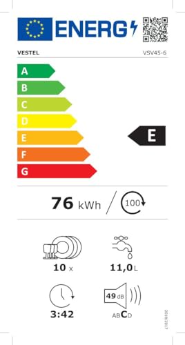 Vestel VSV45-6 - vollintegrierter Geschirrspüler 45 cm - 10 Maßgedecke - 6 Programme - inkl. Besteckkorb - LED-Anzeige - Energieklasse E
