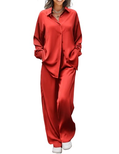 Ekouaer Womens Satin Silky Pajama Set 2 Piece Print PJs Soft Loungewear Button Down Sleepwear with Elastic Waist Long Pants